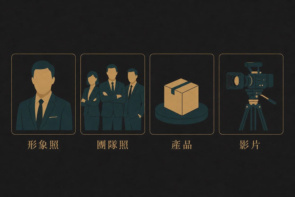 示意插圖：四格圖示橫排，分別代表形象照、團隊照、產品與影片，說明板橋白棚適合的拍攝類型