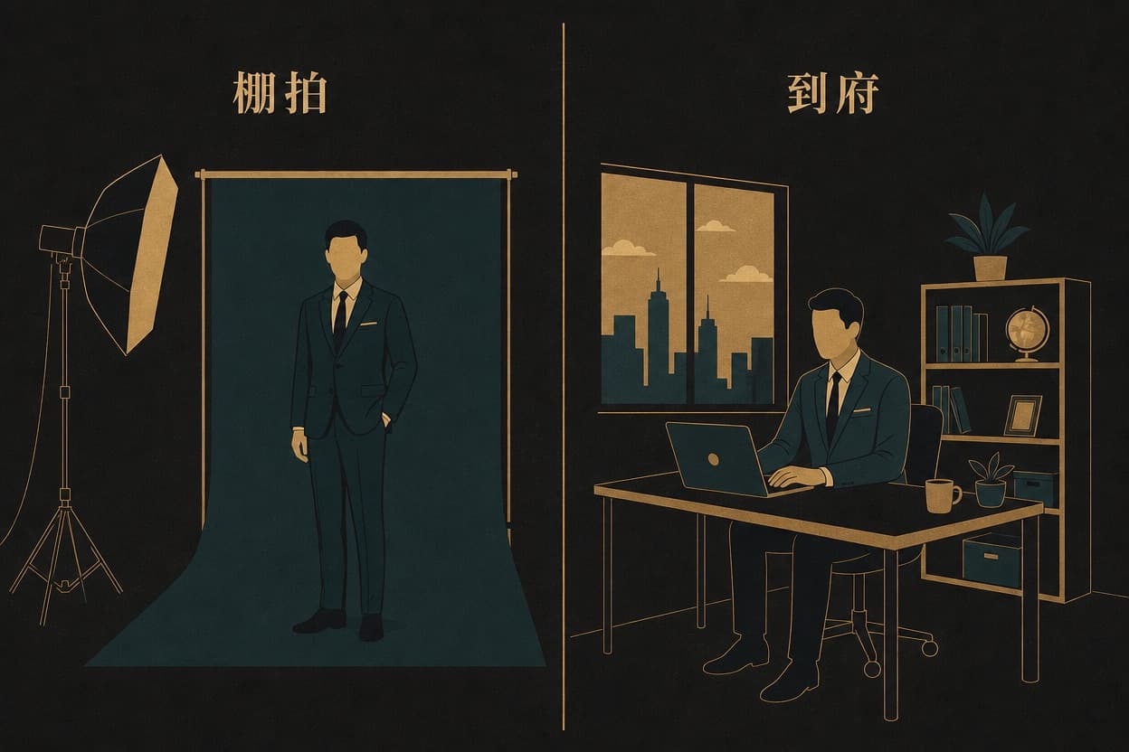 比較示意圖：左側棚拍乾淨背景與燈光可控，右側到府拍攝保留辦公室環境感