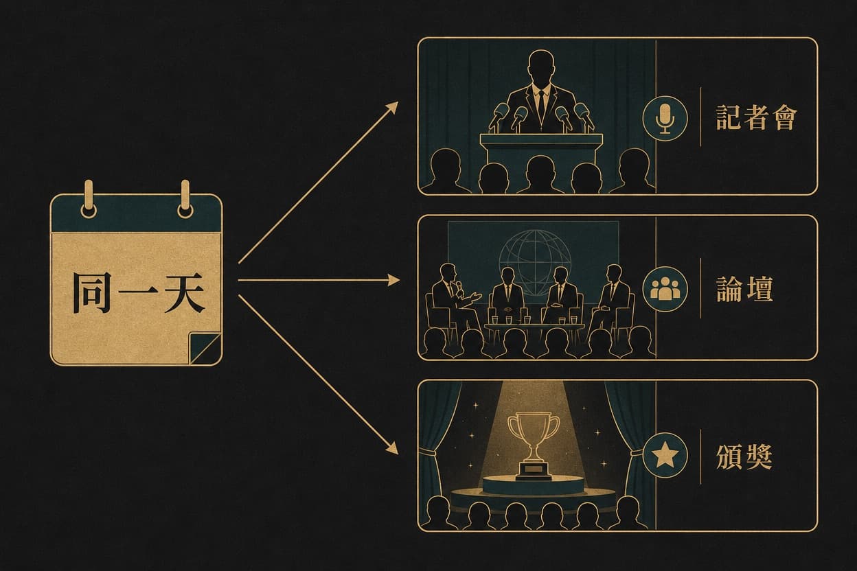 示意插圖：左側一個日期圖示以金色箭頭延伸出記者會、論壇、頒獎三種不同的企業活動場景，代表同一天不同活動需要不同的拍攝安排。
