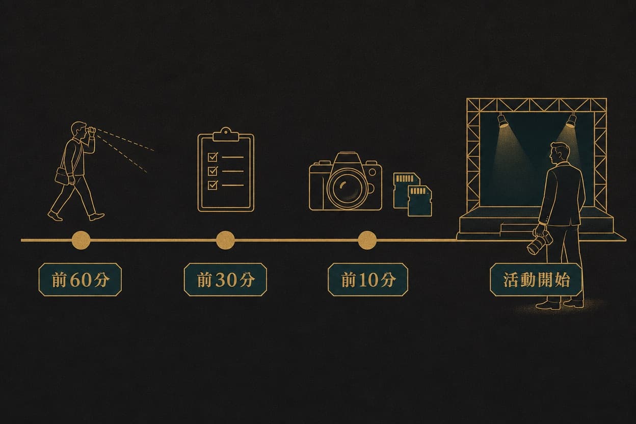 示意插圖：一條倒數時間軸標出進場前60分、30分、10分三個節點與各自的準備動作，終點是活動開始的舞台與待命的攝影師剪影。
