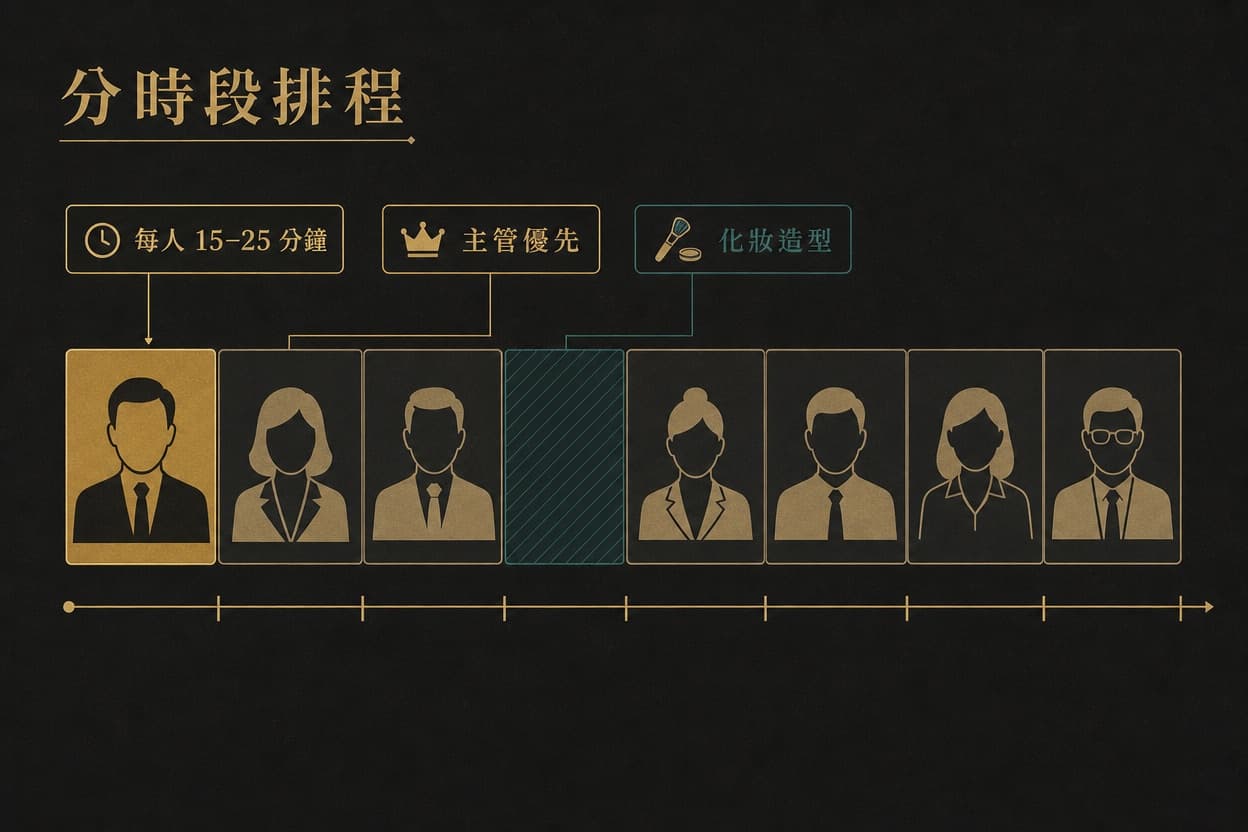 示意圖表：一條分時段排程時間軸，每個時段一位同仁、主管排在最早，中間留一格化妝造型緩衝時間