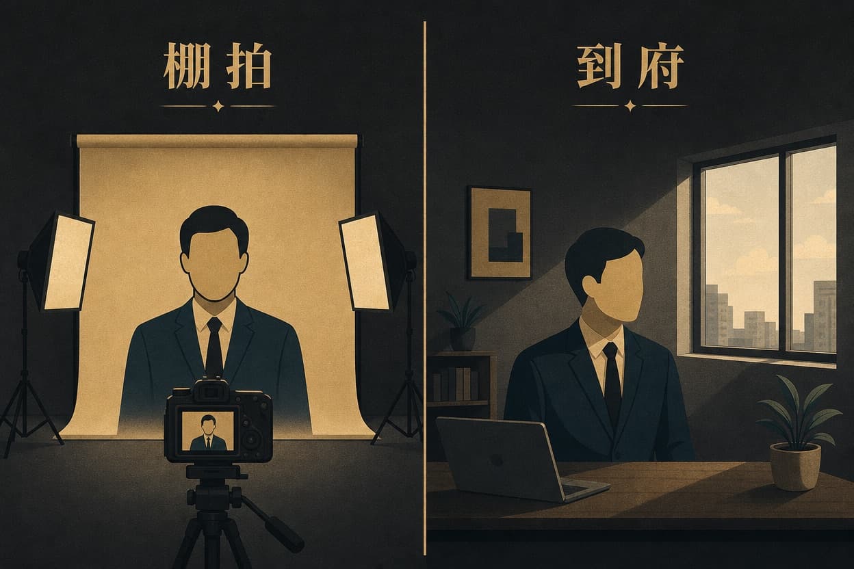 示意插圖：左右對比，左為白棚統一背景與控光、右為辦公室到府拍攝的自然光環境