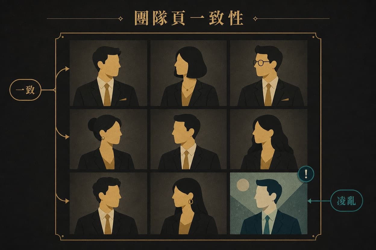 示意插圖：官網團隊頁的九宮格人像，八格背景與光線一致、一格明顯不同並被標記，代表形象照要整組統一才不凌亂