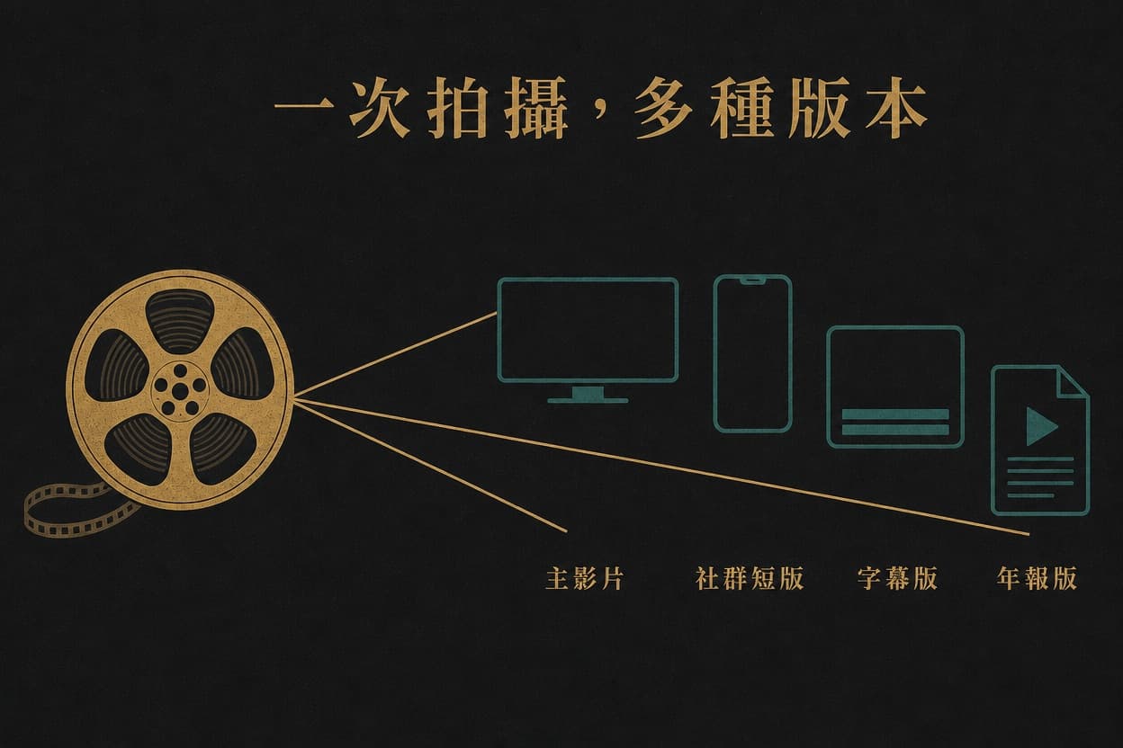 示意插圖：左側一捲膠捲以四條線分向右側四種輸出——寬螢幕主影片、直式社群短版、含字幕條的字幕版與嵌入播放鍵的年報版。