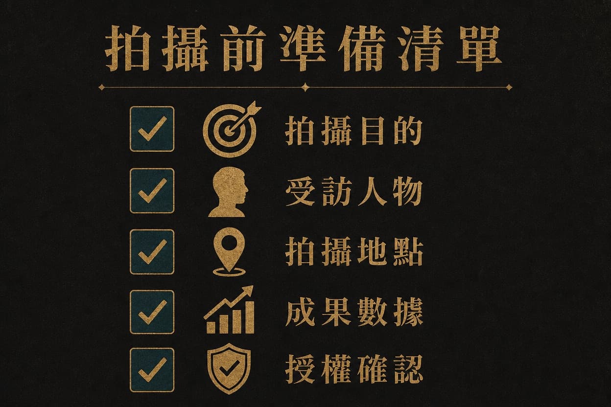 示意圖表：拍攝前準備清單，五列打勾項目——拍攝目的、受訪人物、拍攝地點、成果數據、授權確認，各配對應圖示。