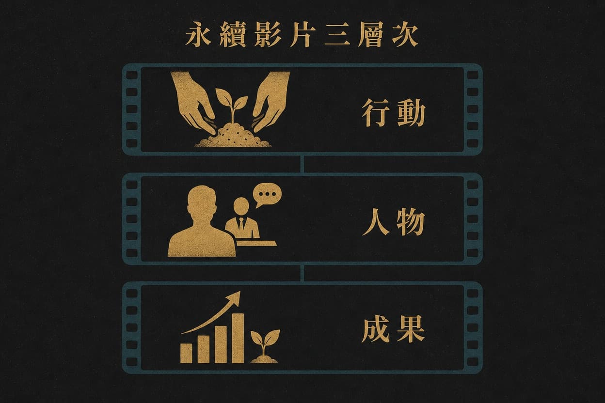 示意插圖：三條由上而下的膠捲橫帶，分別以圖示代表行動、人物與成果三個層次，並以細線串連。