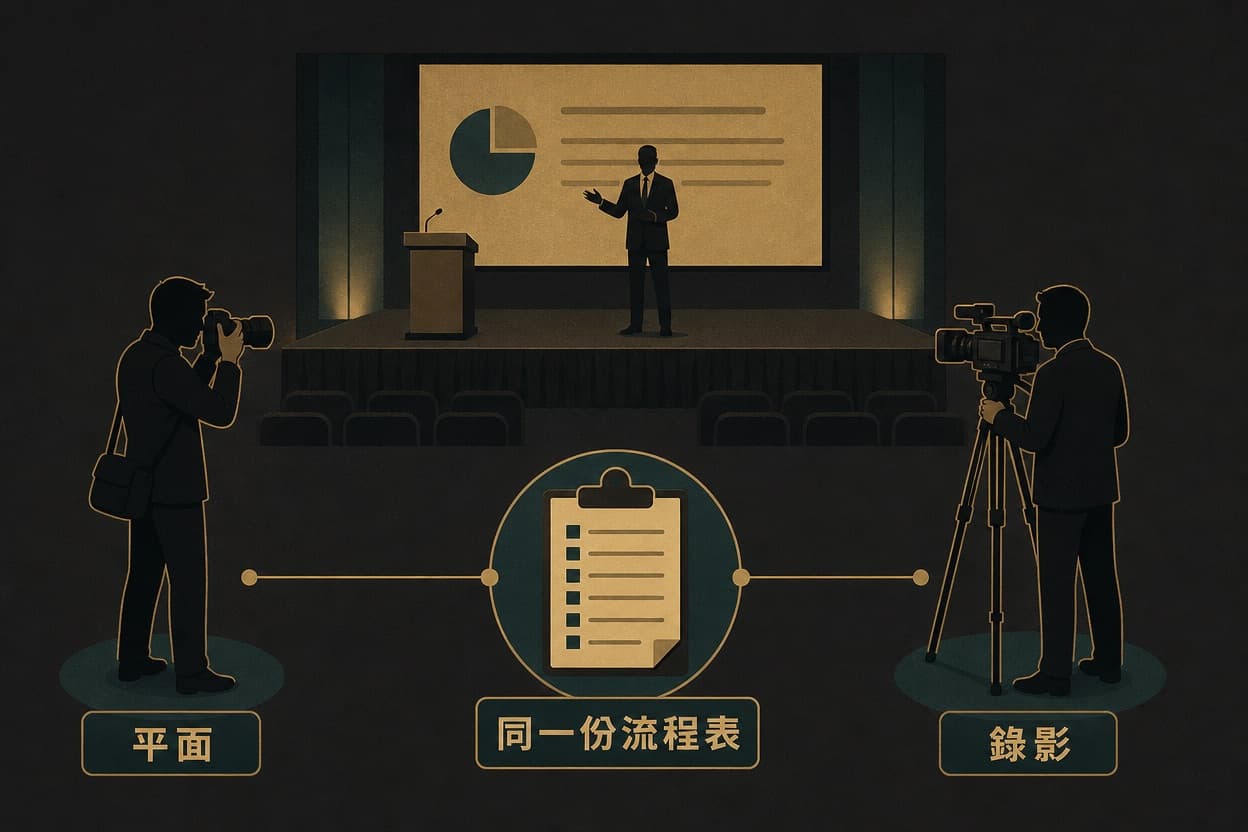 示意插圖:同一個舞台上,一位平面攝影師與一位錄影師各守不同機位覆蓋講台,中央一份共用流程表以細線連向兩人,代表同團隊同檔同拍、分工不互相卡位。