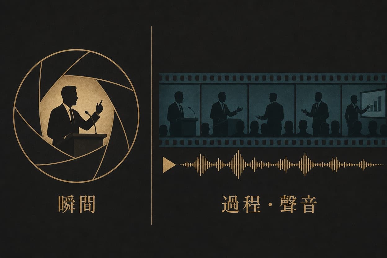 示意插圖:畫面由中央細線分成兩半,左側是定格的單張照片代表決定性瞬間,右側是連續的影片時間軸與聲音波形代表過程與聲音,對比平面攝影與活動錄影。