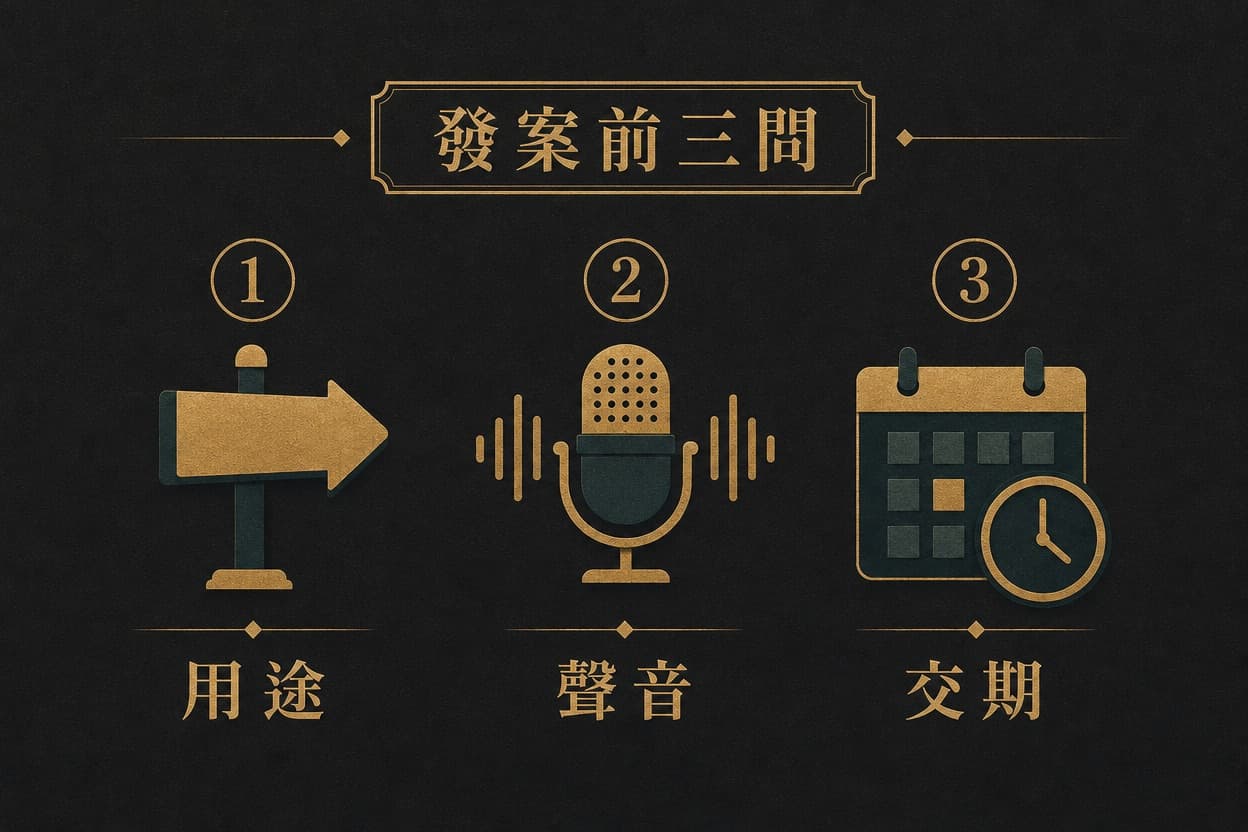 示意插圖:發案前三個決策問題並排——用途(成品用在哪)、聲音(是否要保留完整致詞)、交期(何時要交件),各配一個對應圖示與 1、2、3 編號。
