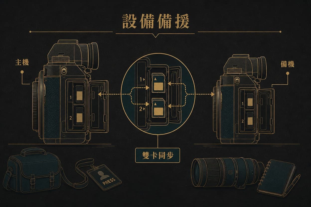 示意插圖：主機與備機兩台相機並列，中間放大顯示雙卡槽同步寫入的資料流，代表設備備援