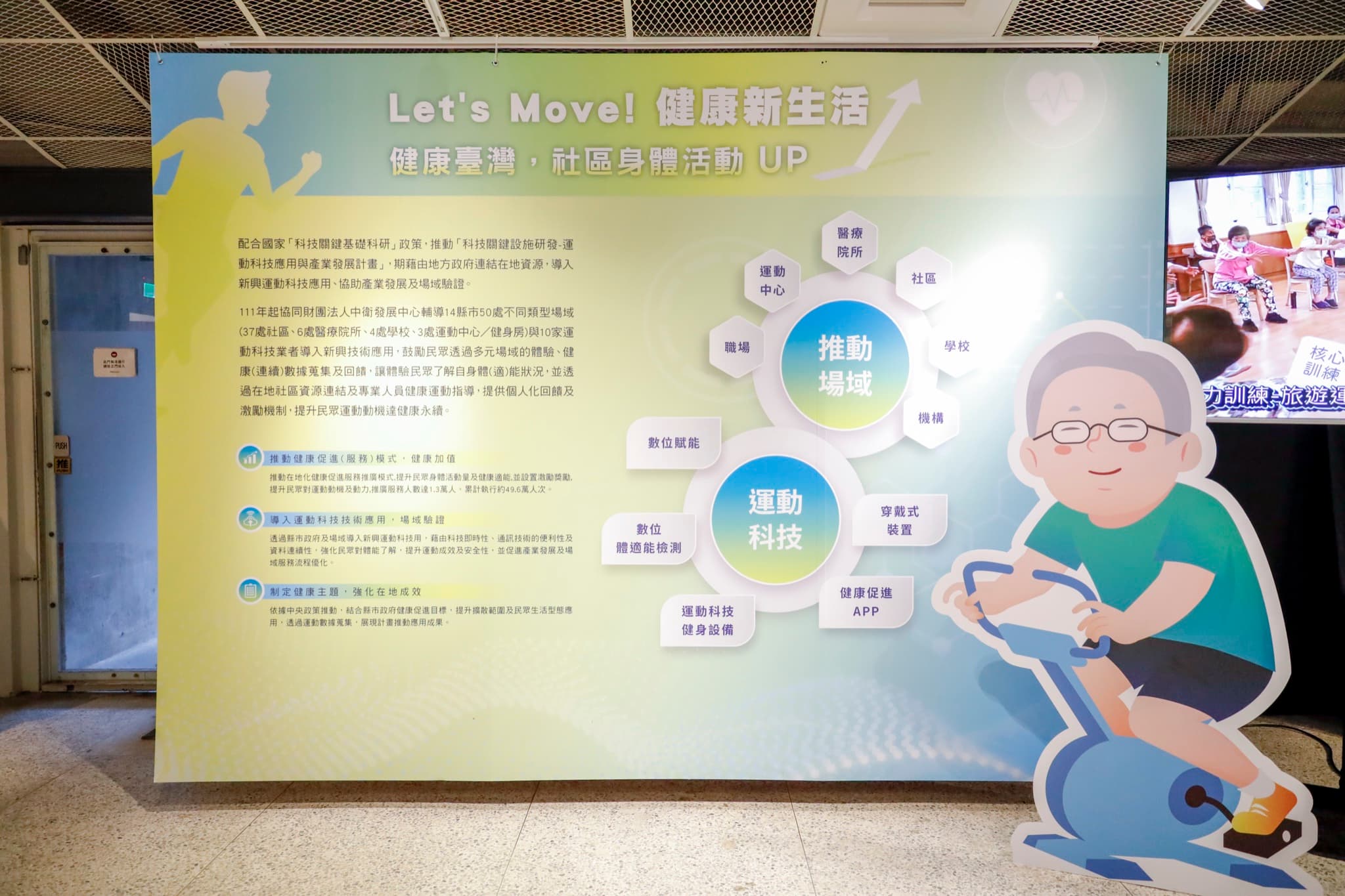 「Let's Move! 健康新生活——健康臺灣,社區身體活動 UP」主視覺背板,含推動場域與運動科技資訊圖表及騎飛輪長者立牌