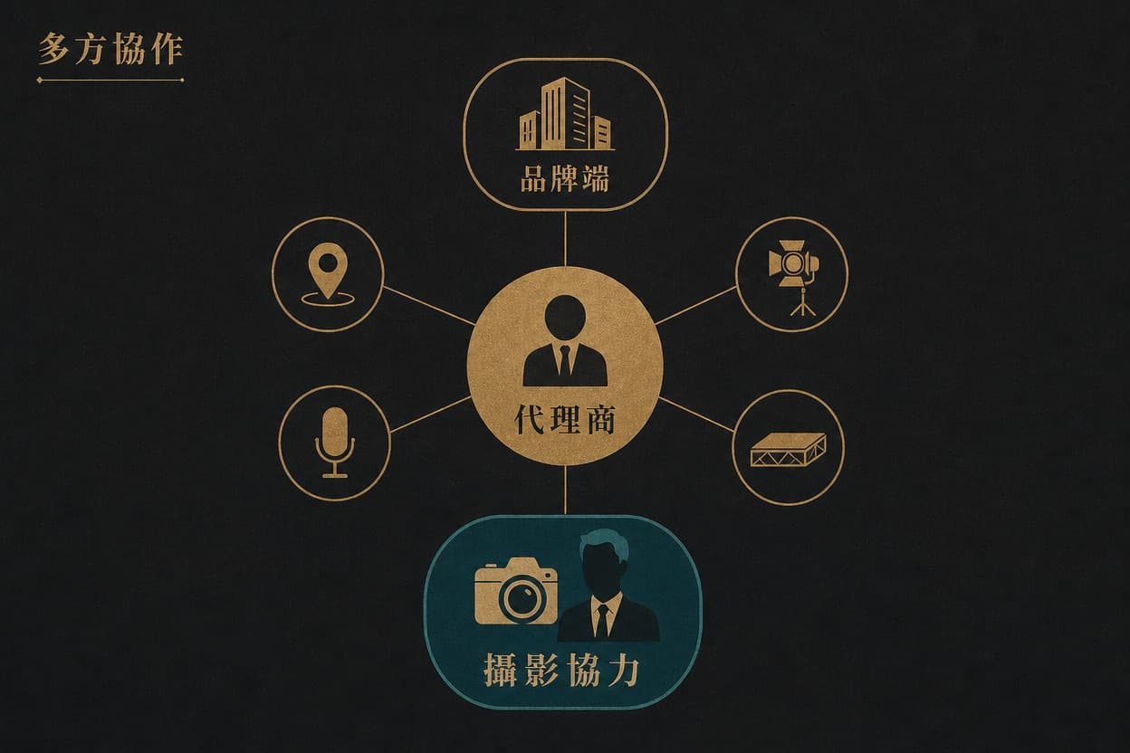 示意插圖:品牌端、代理商與攝影協力的多層協作結構圖,攝影協力嵌入代理商的多方分工之中
