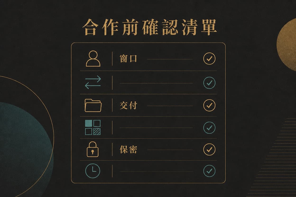 示意圖表:合作前確認清單,以打勾條列現場窗口、溝通鏈、交付對象、品牌規範、保密與交件時效等邊界項目