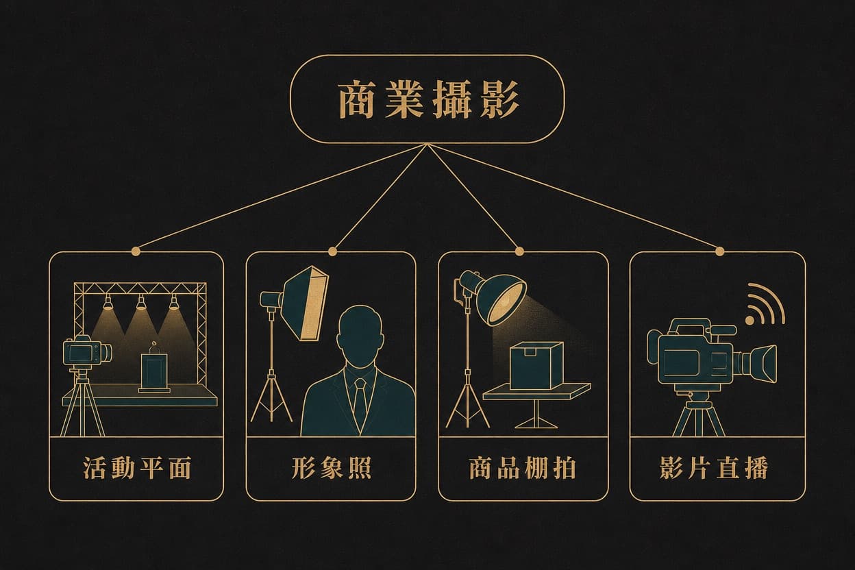 示意插圖:頂端「商業攝影」主節點向下分出活動平面、形象照、商品棚拍、影片直播四張圖示卡,構成分類樹。