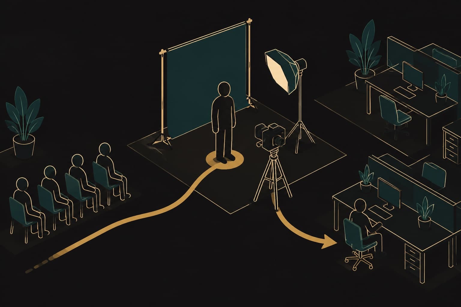 示意插圖:等角視角的分批進場動線,左側四位同仁坐在椅子上等候,中間一位站在背景架前的圓形定位點上,旁邊是棚燈與三腳架上的相機,一條金色箭頭從等候區經過拍攝位,指向右側已經坐回辦公桌的同仁