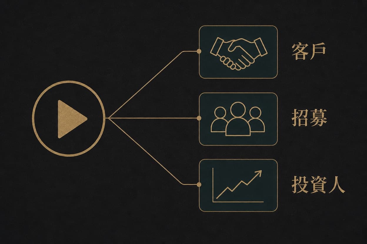 示意插圖:一個影片播放符號分岔出三條線,分別連到握手、團隊與成長曲線三個圖示,代表同一支企業影片給客戶、招募對象與投資人看時訴求各不相同。