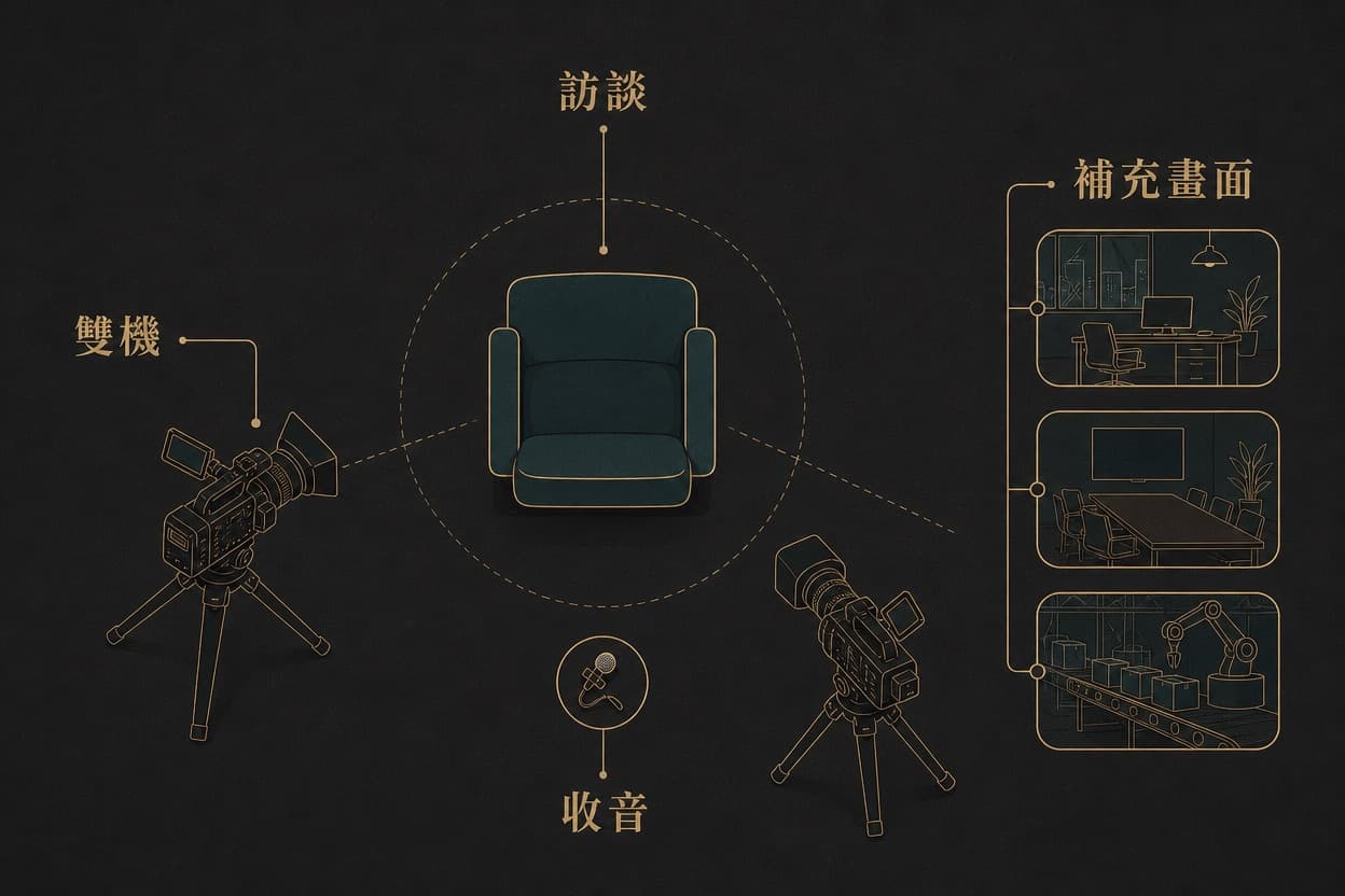 示意插圖:企業訪談場景的俯視配置圖,中央一張受訪座椅、兩台不同角度的攝影機、一支夾式麥克風,旁邊有辦公室與產線的補充畫面縮圖。