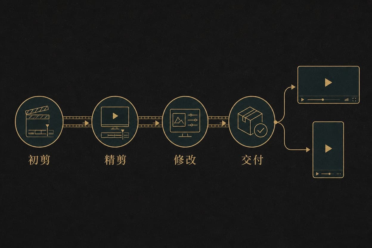 示意圖表:由左至右的四階段後製流程圖,依序為初剪、精剪、修改、交付,最後一站分岔出一個橫式與一個直式的輸出畫面框。