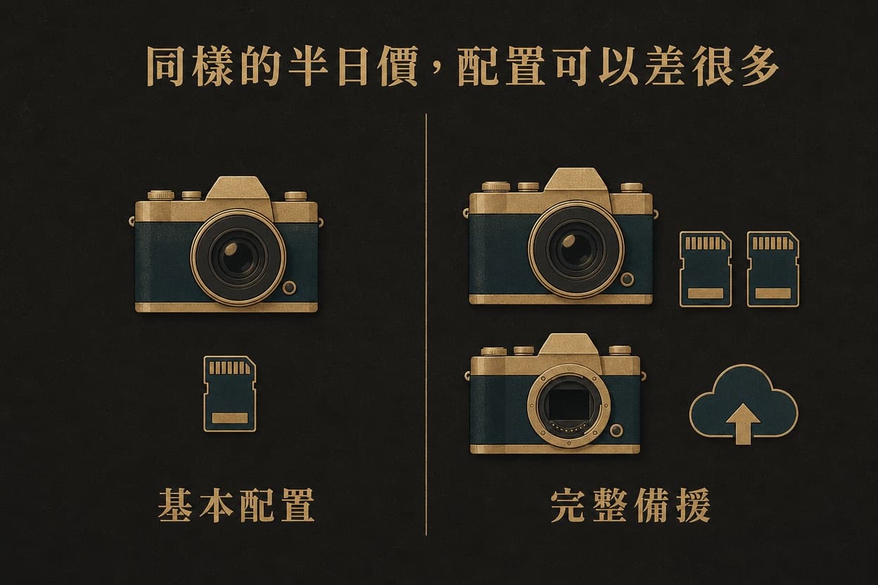比較圖:基本配置(單機單卡)與完整備援(雙卡備份、備援機身、雲端即時備份)