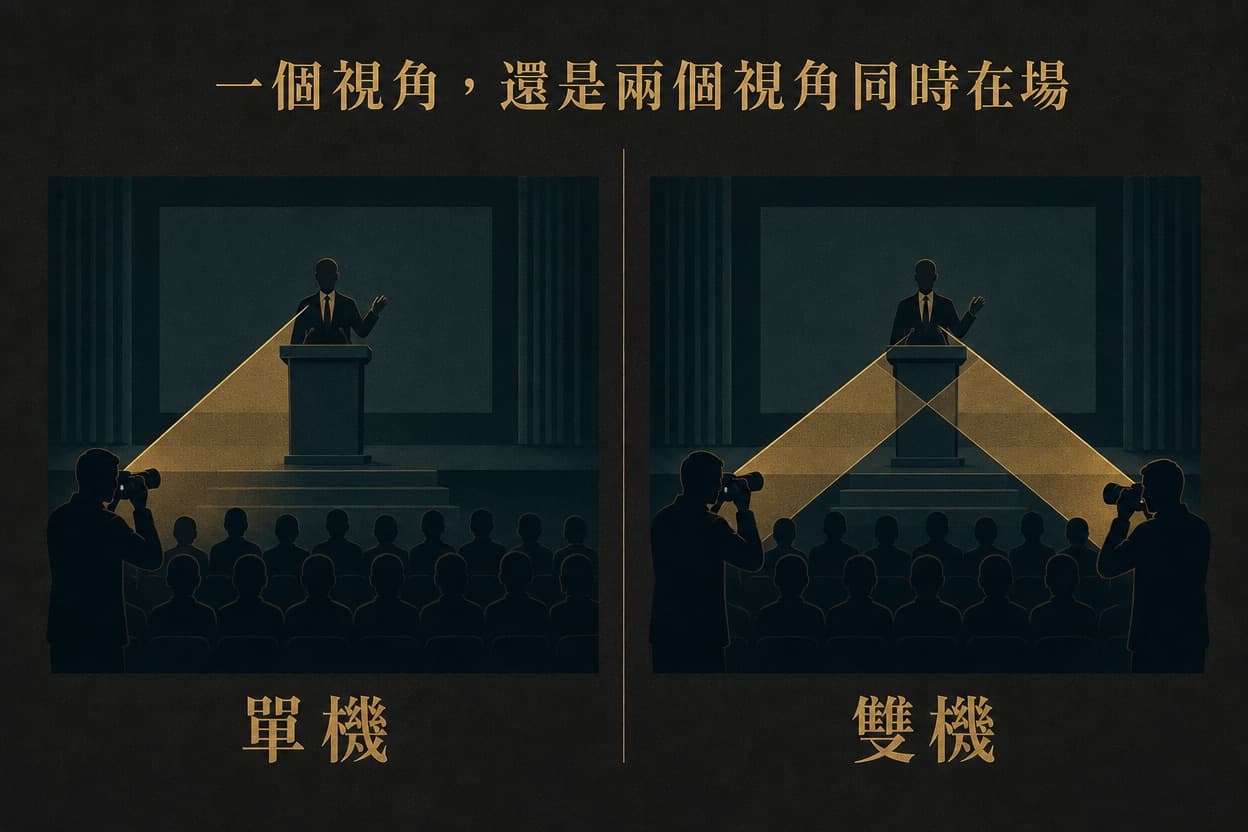 比較圖:單機一個拍攝視角,與雙機兩個交叉視角同時覆蓋講台