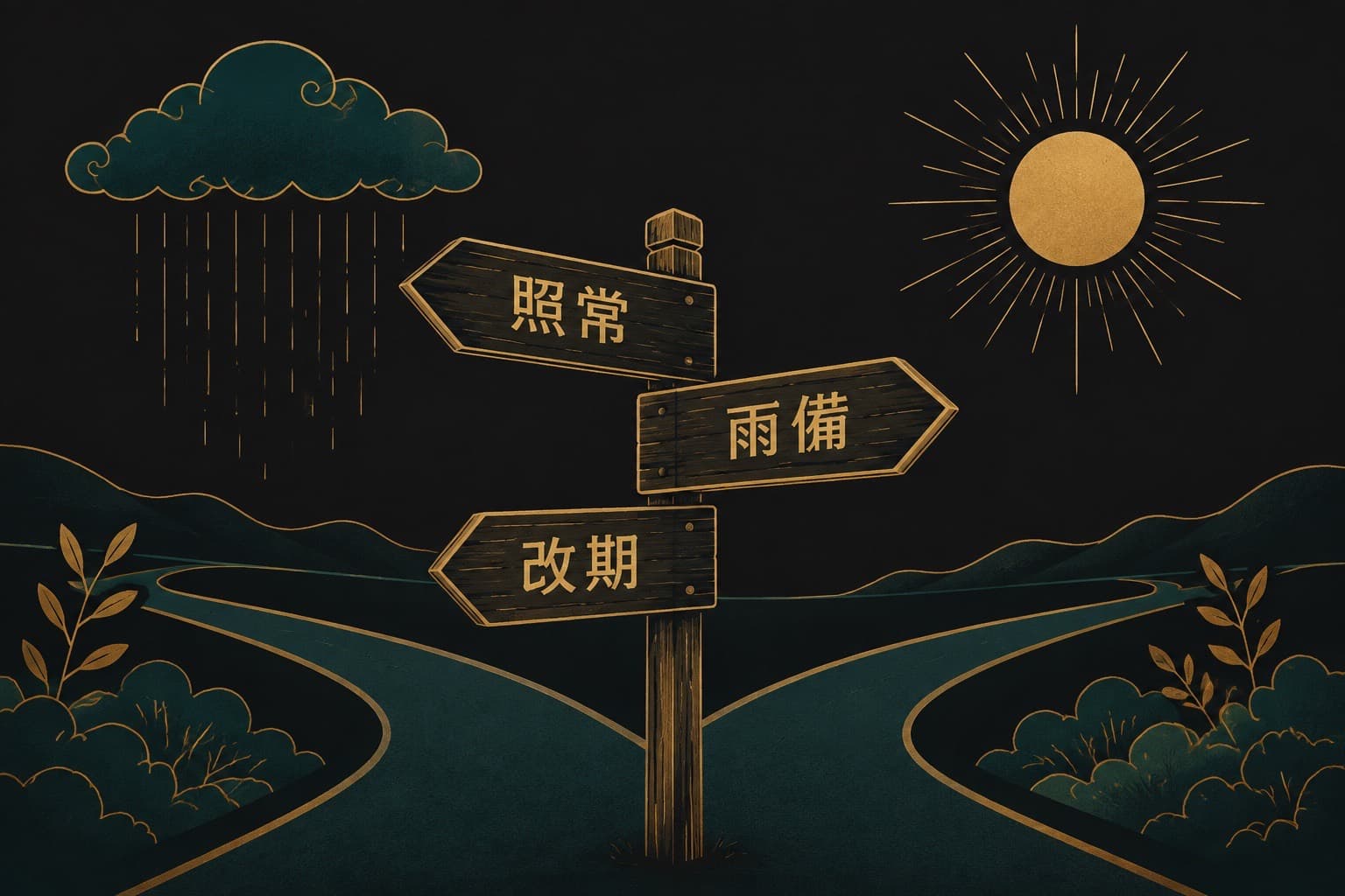 示意插圖:分岔路口立著三塊路牌,分別寫著照常、雨備、改期,上方左側是灑落金色雨絲的雨雲、右側是太陽,暖黑底金與深青配色