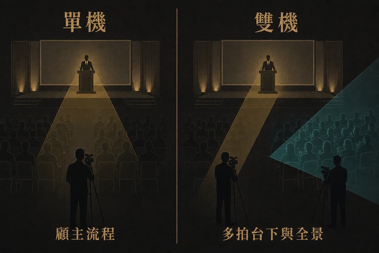 比較圖:單機只罩舞台主流程、台下未覆蓋;雙機第二台專拍台下反應與全場全景,各以攝影師剪影與視線錐表示