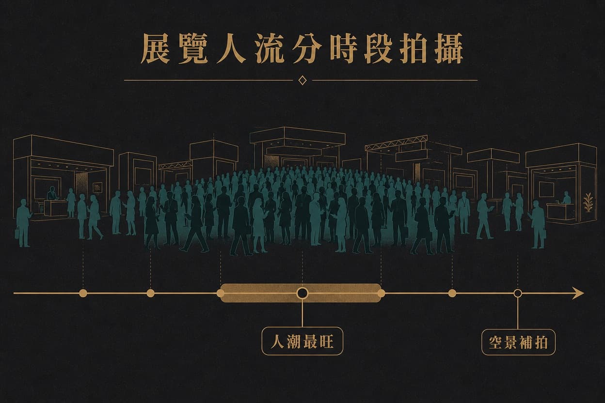 示意圖表:展覽人流隨時間變化的時間軸,人潮在開展後達到高峰再趨緩,背景有攤位輪廓,標出人潮最旺與空景補拍兩個時段