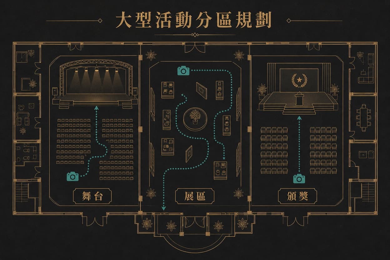 示意圖表:大型活動場地俯視平面圖,分成舞台、展區、頒獎三個同時進行的區域,各有相機圖示與攝影師動線箭頭
