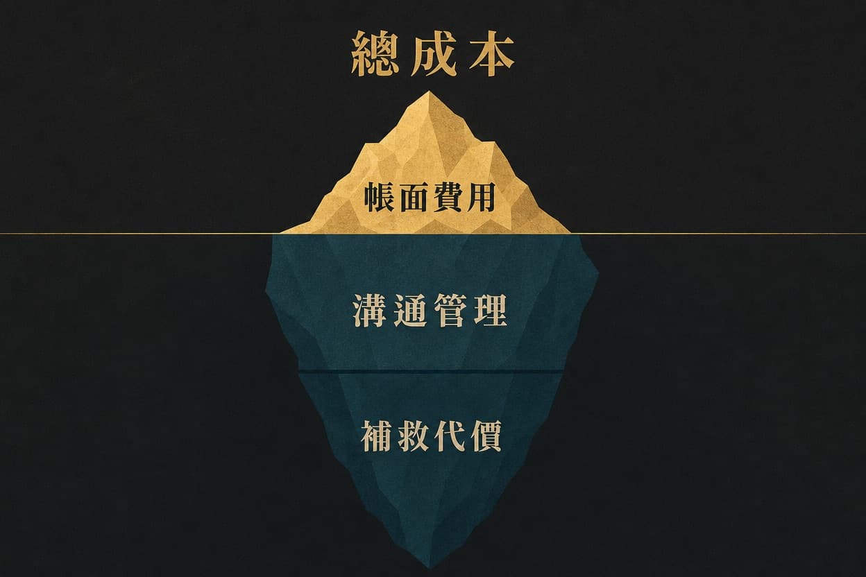 示意插圖:一座冰山,水面上只露出小小一角標「帳面費用」,水面下藏著更大的兩層,分別標「溝通管理」與「補救代價」,比喻單場外包看不見的隱性成本。