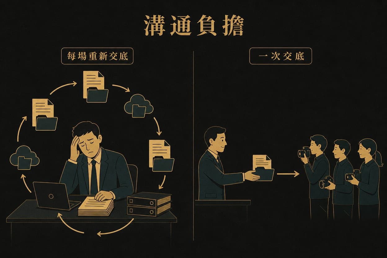 示意插圖:左側一位活動窗口被重複的交底文件與循環箭頭圍繞,標「每場重新交底」;右側同一窗口只需一次把資料夾交給固定團隊,標「一次交底」,比喻溝通負擔的差別。
