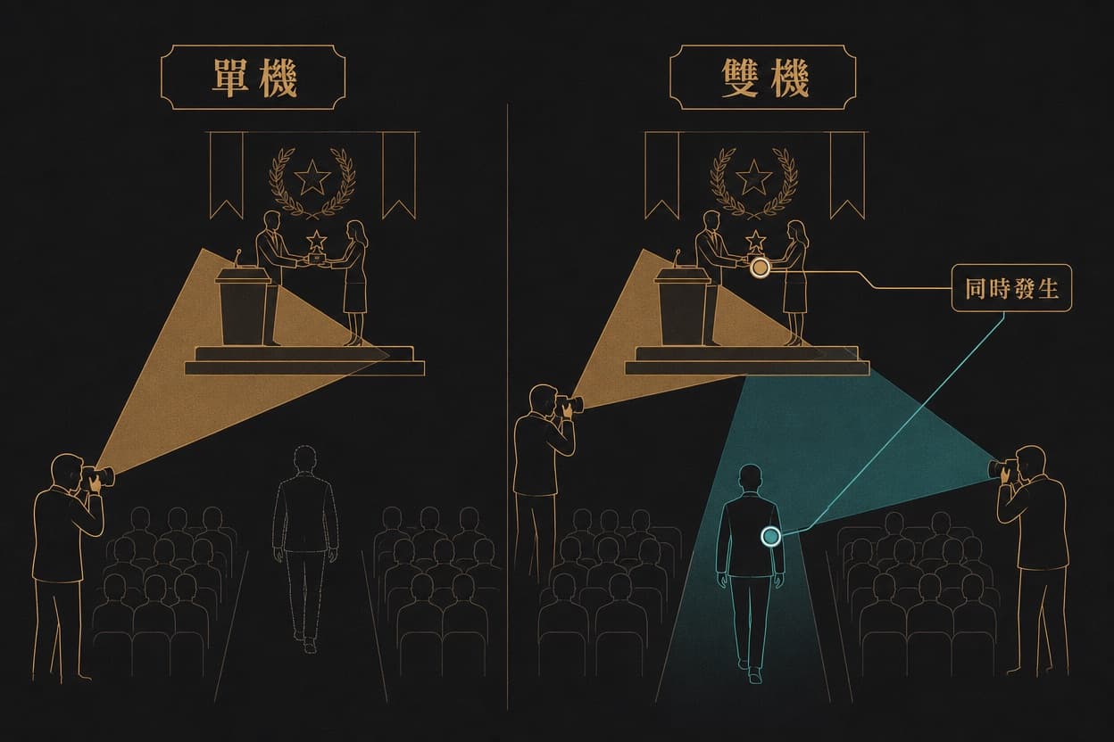 比較圖:左為一位攝影師只能拍舞台一側,右為兩位攝影師分別拍台上遞獎與台前接獎兩條同時發生的動線