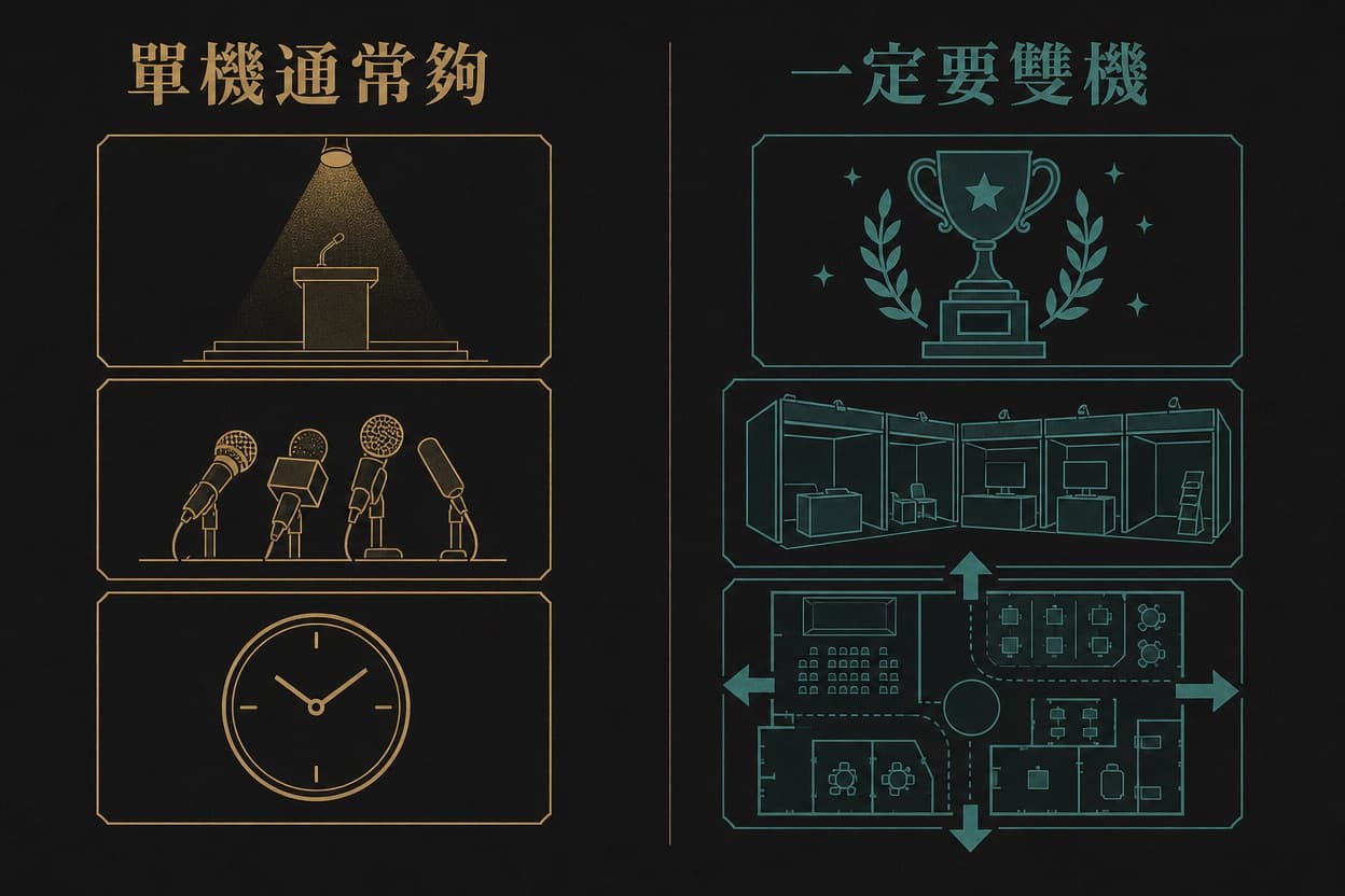 比較圖:左欄是一位攝影師通常足夠的場景,右欄是建議兩位攝影師分工的頒獎、展覽與大型多動線場地