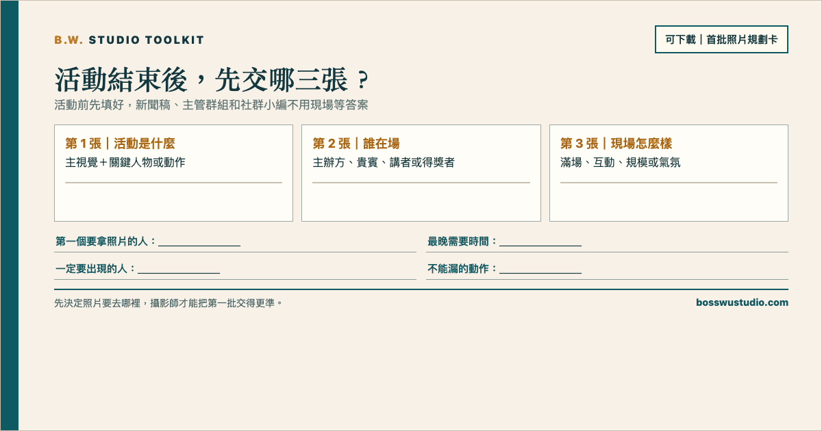 首批照片規劃卡,第一張填活動主視覺與關鍵人物,第二張填重要人物,第三張填現場規模或互動