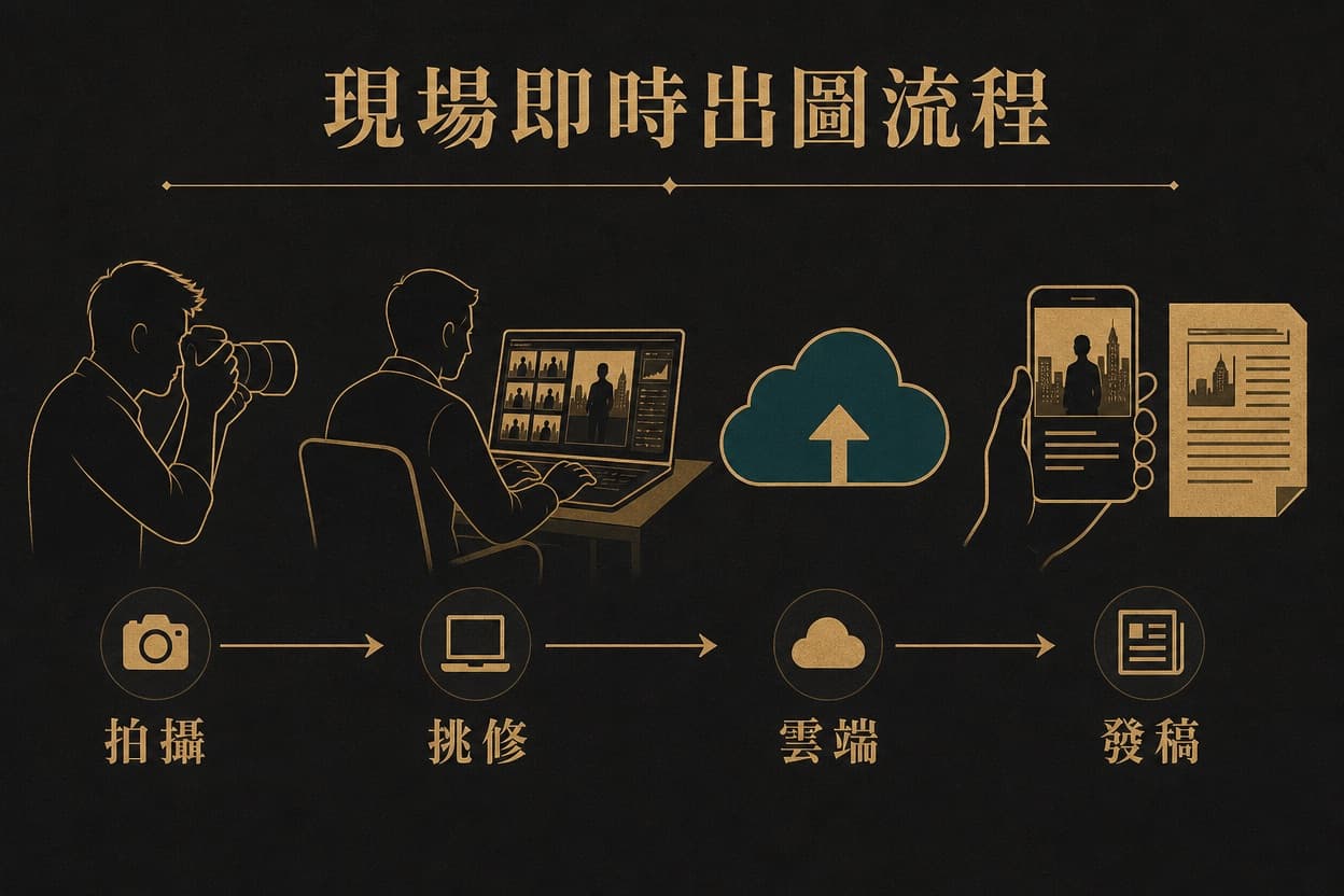 示意插圖:現場即時出圖的四步流程,從拍攝、挑修、上傳雲端到公關發稿