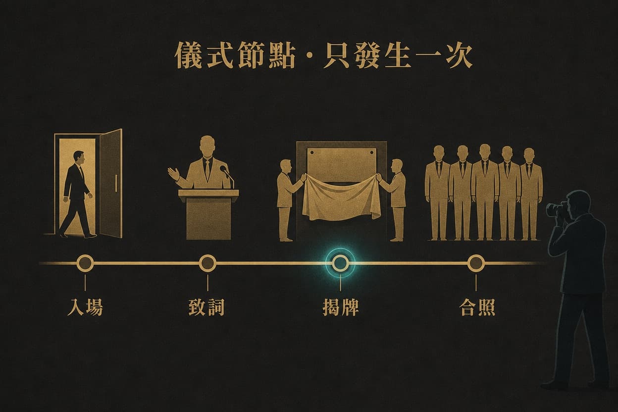 示意插圖:記者會儀式節點的橫向時間軸,從入場、致詞、揭牌到大合照,其中揭牌以高亮標示只發生一次
