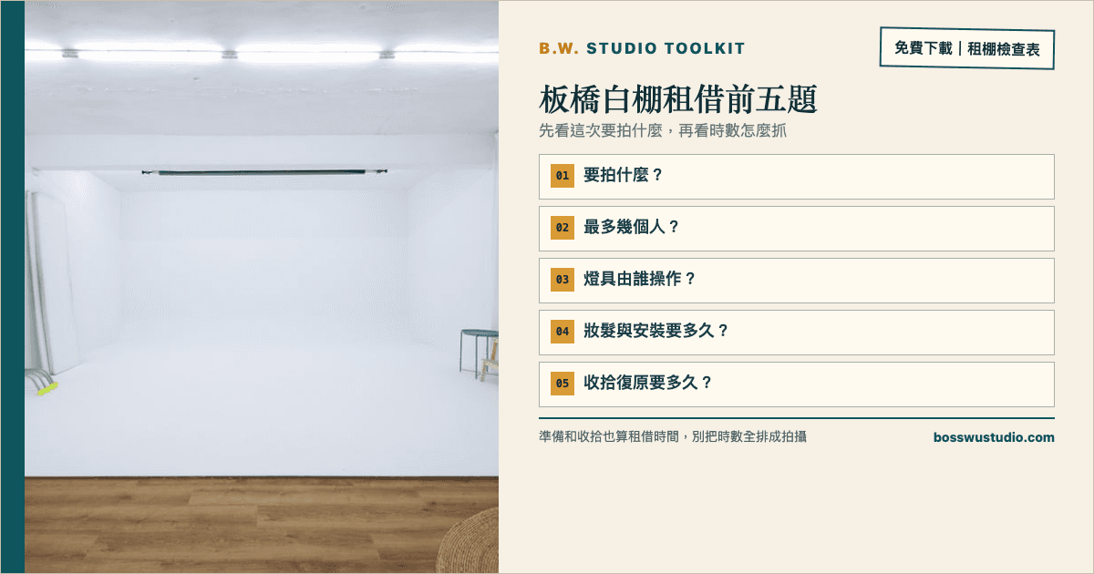 板橋白棚租借前五題檢查表,搭配當下攝影棚真實棚景,依序確認拍攝內容、人數、燈具操作、準備與收拾時間