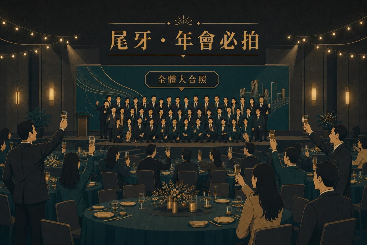 示意插圖:昏暗暖色宴會廳,後方是活動背板舞台,前方正在拍全體大合照,賓客舉杯敬酒