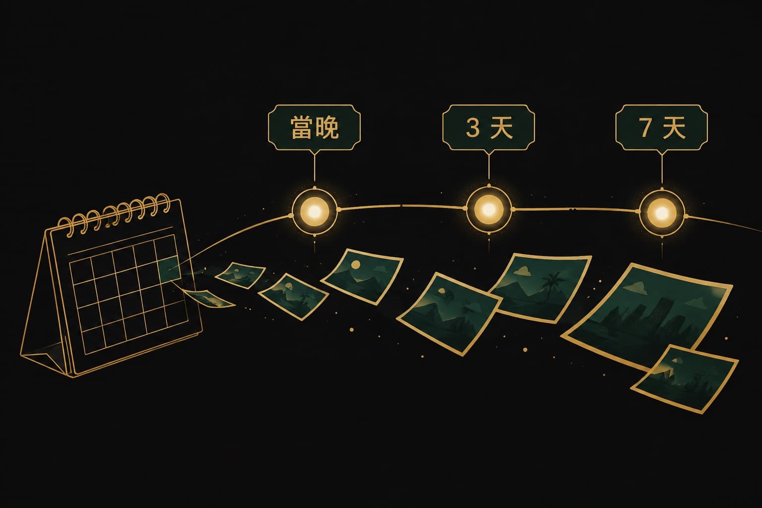 示意插圖:月曆與飛出的照片組成三節點時間軸,節點依序標示當晚、3 天、7 天